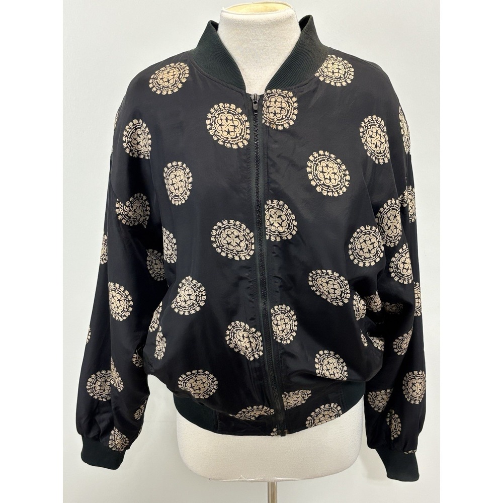 Vintage Carol Horn Workshop Print Silk Full Zip Bomber Jacket Womens L Black 90s